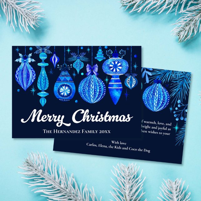 Elegant Christmas Baubles Navy Blue Watercolor Holiday Card (Elegant Christmas Ornaments Navy Blue Watercolor Holiday Card)