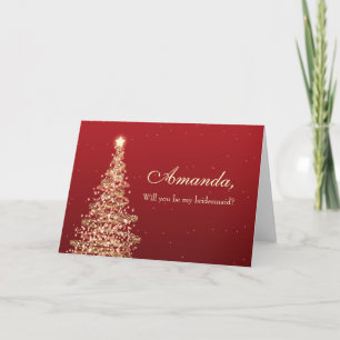Elegant Christmas Be My Bridesmaid Red Gold Invitation