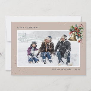 Elegant Christmas Bell Watercolor Holly Photo Holiday Card