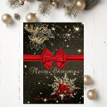 Elegant Christmas Bells,Candles,Red Bow Holiday Card<br><div class="desc">Elegant faux gold christmas bell, snowflake , red candles and bow on black shiny background.</div>