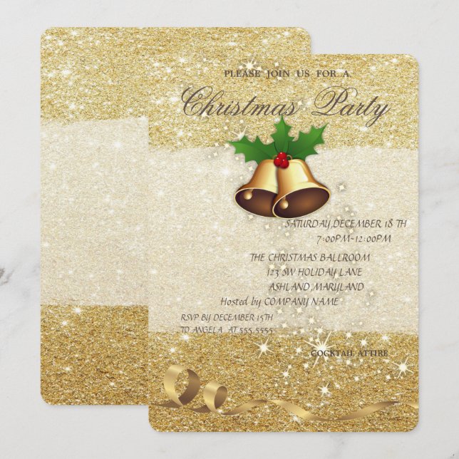 Elegant Christmas Bells,Glittery, Corporate Party Invitation (Front/Back)