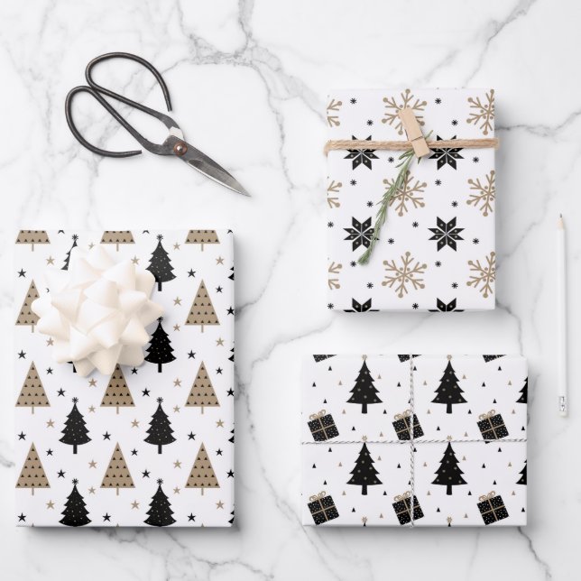 Elegant Christmas Black Gold Scandinavian Pattern Wrapping Paper Sheet (Front)