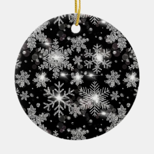 Elegant Christmas black white silver snowflakes Ceramic Ornament (Front)