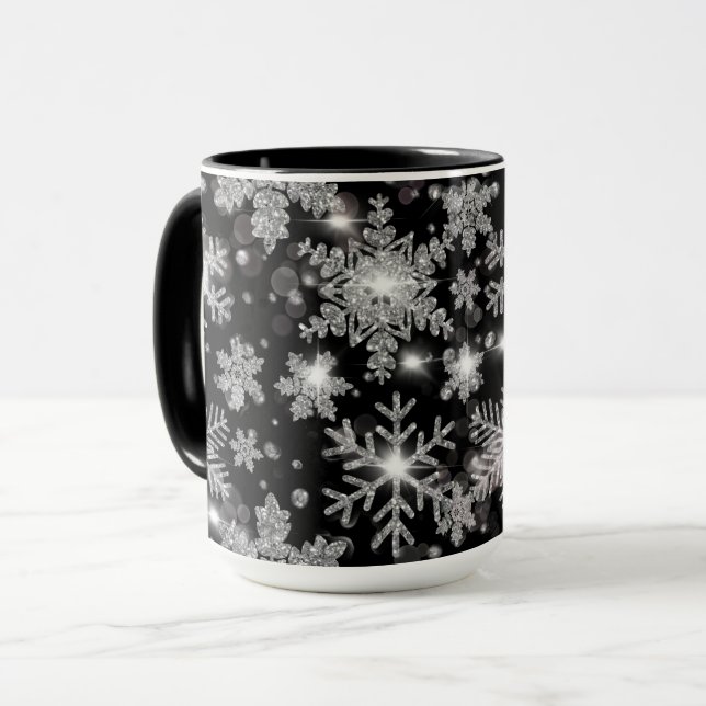 Elegant Christmas black white silver snowflakes Mug (Front Left)