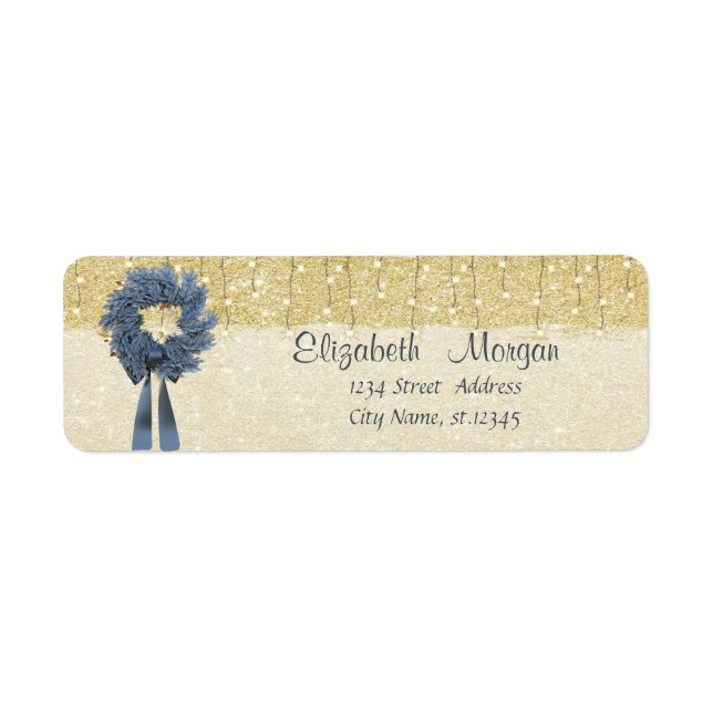 Elegant , Christmas Blue Wreath,Gold  Glittery Return Address Label (Front)