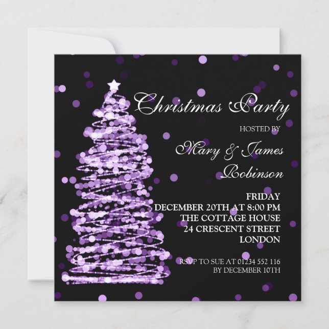 Elegant Christmas Bokeh Tree Holiday Party Purple Invitation (Front)
