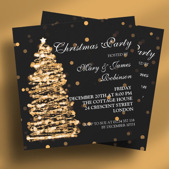 Elegant Christmas Bokeh Tree Party Gold Black Invitation (Elegant Christmas Bokeh Tree Party Gold Black Invitation)