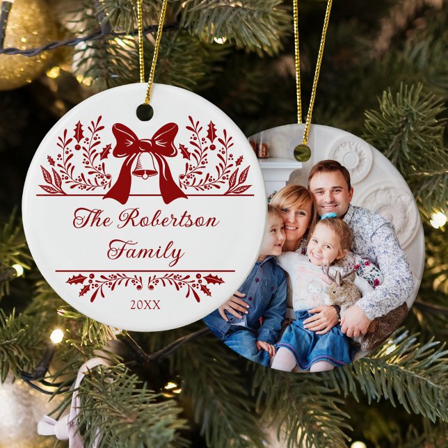 Elegant Christmas Botanical Family Photo Ceramic Ornament (Creator Uploaded)