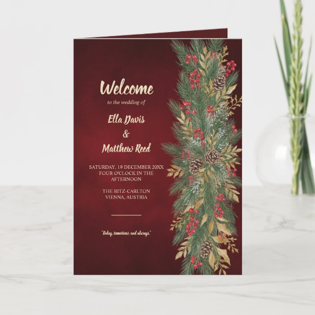 Elegant Christmas Botanical Folded Wedding Program (Front)