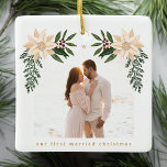 elegant christmas botanical  merry chrismtas photo ceramic ornament<br><div class="desc">_____________________________ ***this design is part of a christmas holiday collection*** Step into a world of timeless holiday charm with my "Festive Flora: Christmas Splendour Poinsettia Delight" collection. 🌸🎄 Embrace the magic of the season with a captivating blend of florals, lush green pine leaves, dainty red berries, and the enchanting hues...</div>