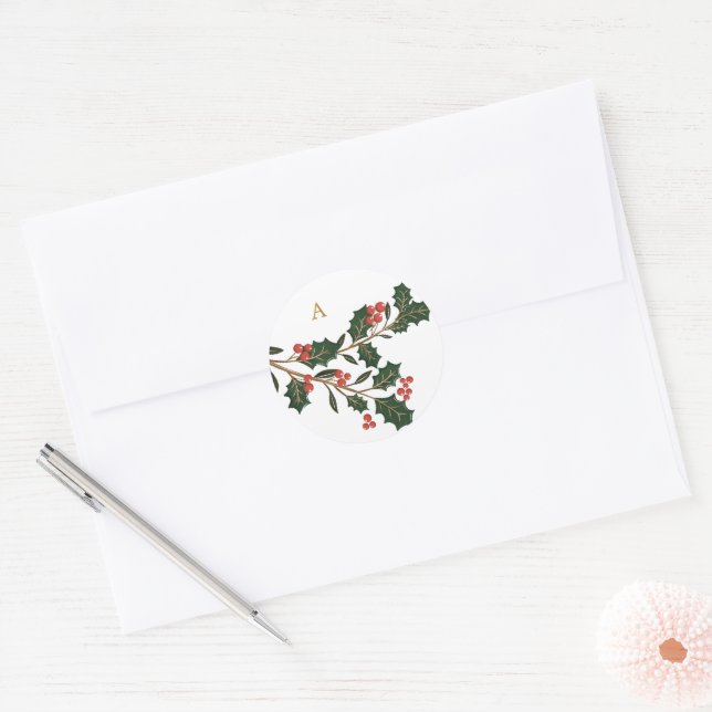 Elegant Christmas Botanical Monogram Envelope Classic Round Sticker (Envelope)