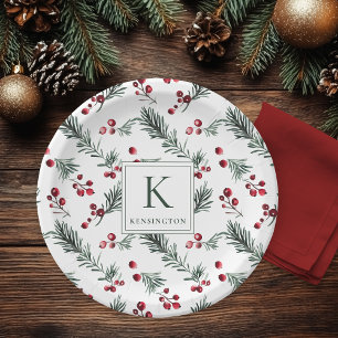 Elegant Christmas Botanical Monogram Paper Plate