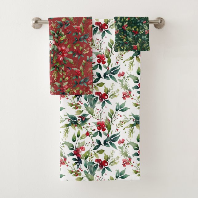 Elegant Christmas Botanical Winter Robin Holiday Bath Towel Set (Insitu)