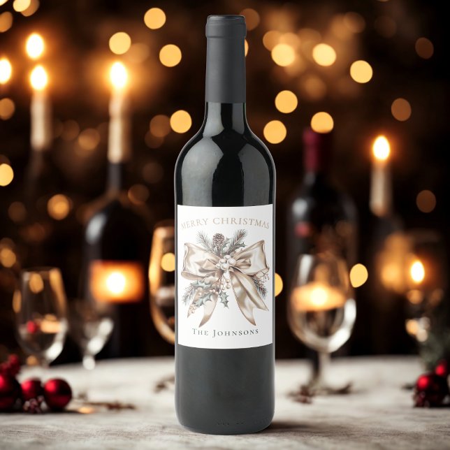Elegant Christmas Bow Wine Bottle Label (Creator Uploaded)