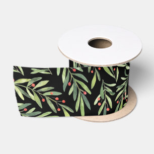 Elegant Christmas Branches and Berries Black Satin Ribbon