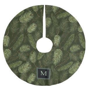 Elegant Christmas Branches on Black with Monogram  Brushed Polyester Tree Skirt