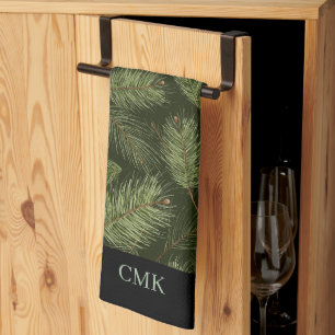 Elegant Christmas Branches on Black with Monogram Tea Towel