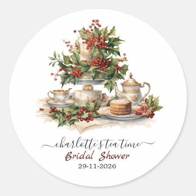 Elegant Christmas Bridal Shower Tea Time Party Classic Round Sticker (Front)