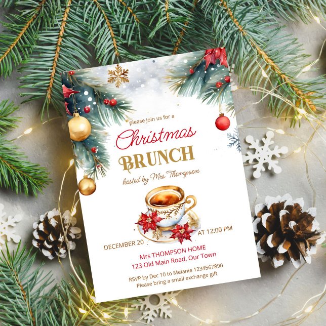 Elegant Christmas brunch tea party template (Elegant Christmas brunch tea party editable template invitation digital download watercolor pines)