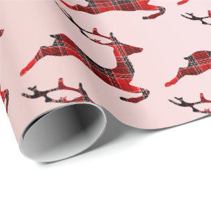 Elegant Christmas Buffalo Plaid Reindeer Rose Gold Wrapping Paper