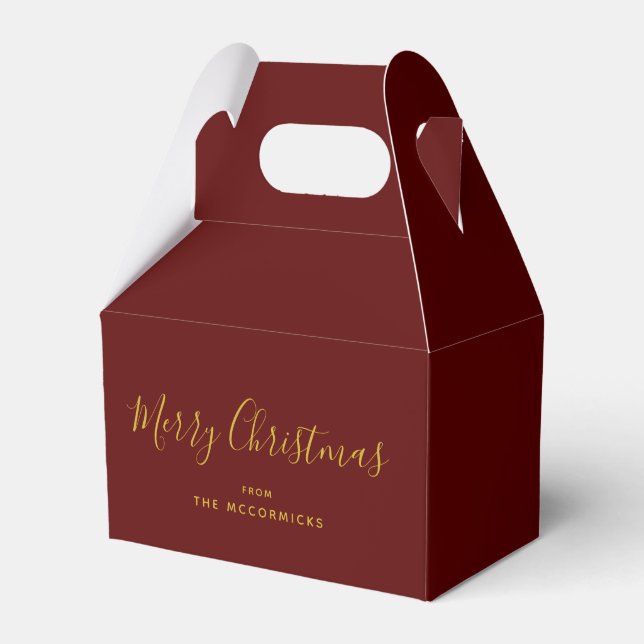 Elegant Christmas Burgundy And Gold Script Name  Favour Box (Front Side)