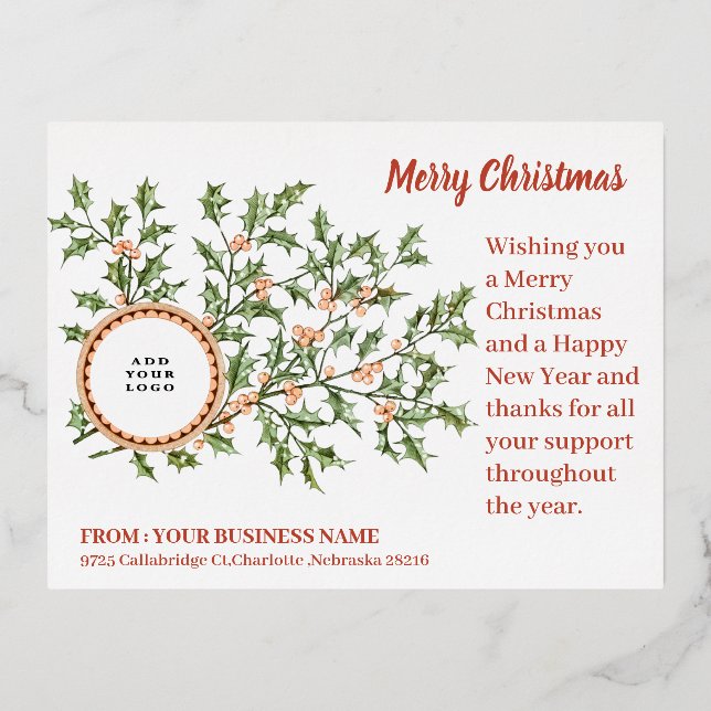 Elegant Christmas Business Corporate Logo  Foil Holiday Postcard (Front)