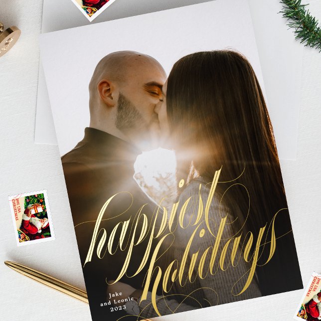 Elegant Christmas Calligraphy One Photo Foil Holiday Card (Creator Uploaded)
