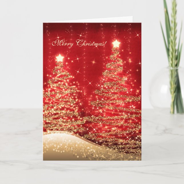 Elegant Christmas Cards Sparkling Trees Red (Front)
