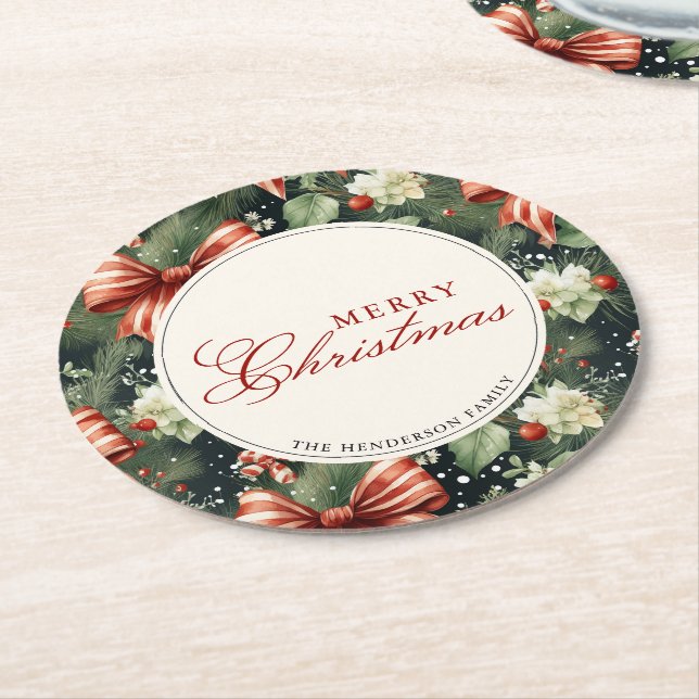 Elegant Christmas Cheer Personalised Round Paper Coaster (Angled)