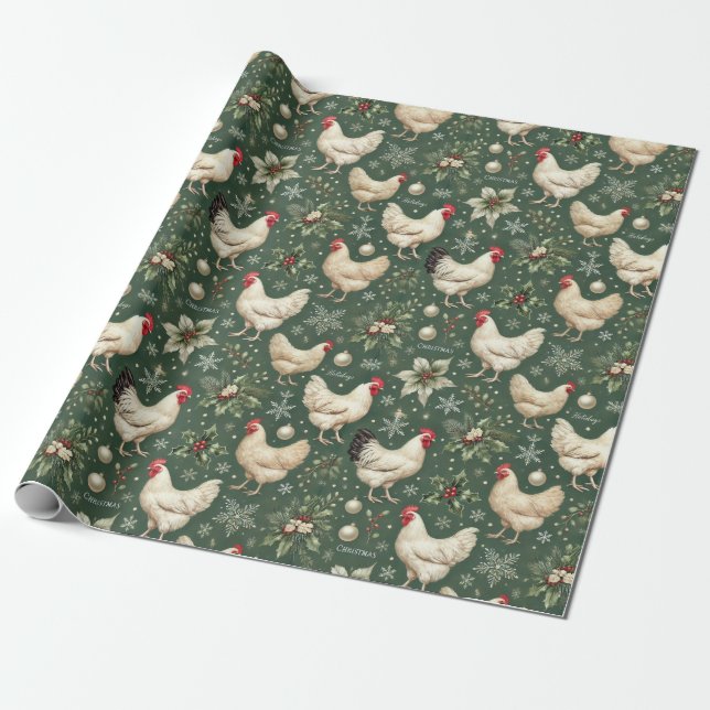 Elegant Christmas Chickens on Holiday Green Wrap Wrapping Paper (Unrolled)