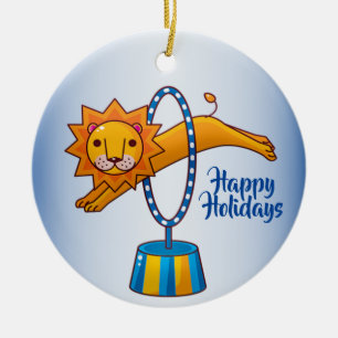 Elegant Christmas Circus Lion Holidays Blue Ceramic Ornament