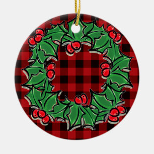 Elegant Christmas classic Red Plaid Holly berries Ceramic Ornament