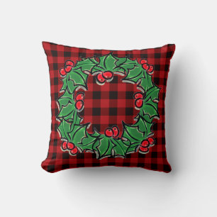 Elegant Christmas classic Red Plaid Holly berries  Cushion