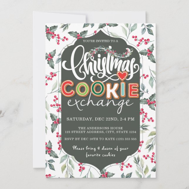 Elegant Christmas Cookie Exchange Party Green Invitation (Front)