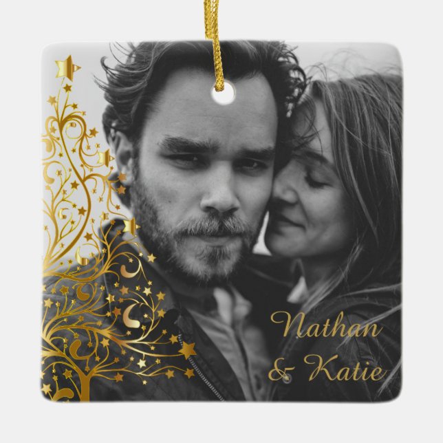 Elegant Christmas Couple Custom Photo Ceramic Ornament (Front)