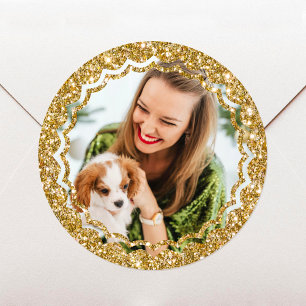 Elegant Christmas Custom Photo Gold Faux Glitter Classic Round Sticker