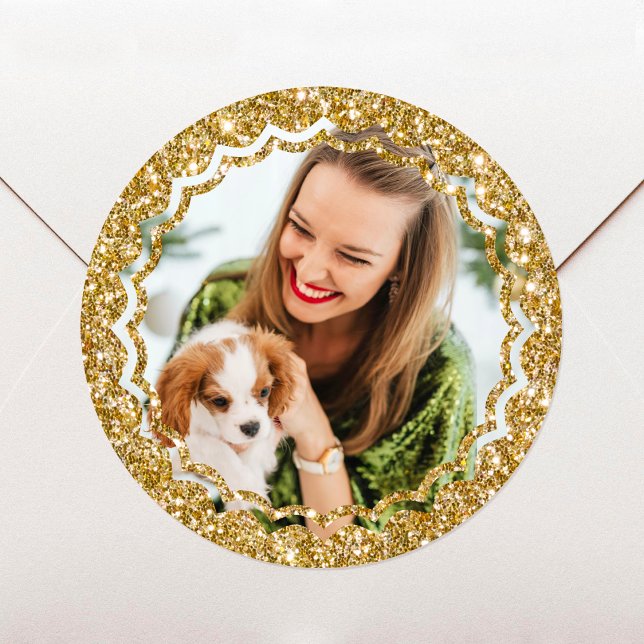 Elegant Christmas Custom Photo Gold Faux Glitter Classic Round Sticker (Creator Uploaded)