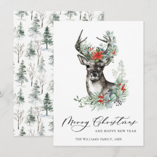 Elegant Christmas Deer Poinsettia Greeting Holiday Card