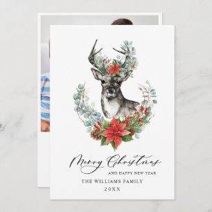 Elegant Christmas Deer Poinsettia Greeting Photo Holiday Card