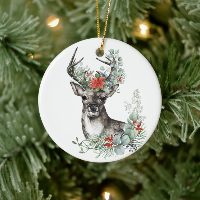 Elegant Christmas Deer Poinsettia Holiday Ceramic Ornament (Tree)