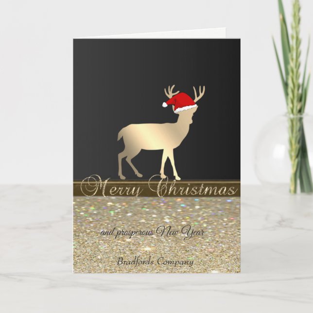 Elegant, Christmas Deer Santa Hat,Glittery,Company Holiday Card (Front)