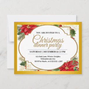 Elegant Christmas Dinner Party Gold & Poinsettia  Invitation