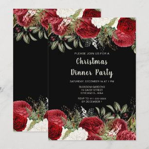 Elegant Christmas Dinner Party Red Flowers Invitation