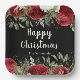 Elegant Christmas Dinner Party Red Flowers Paper Plate