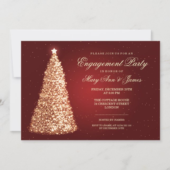 Elegant Christmas Engagement Party Gold Red Invitation (Front)