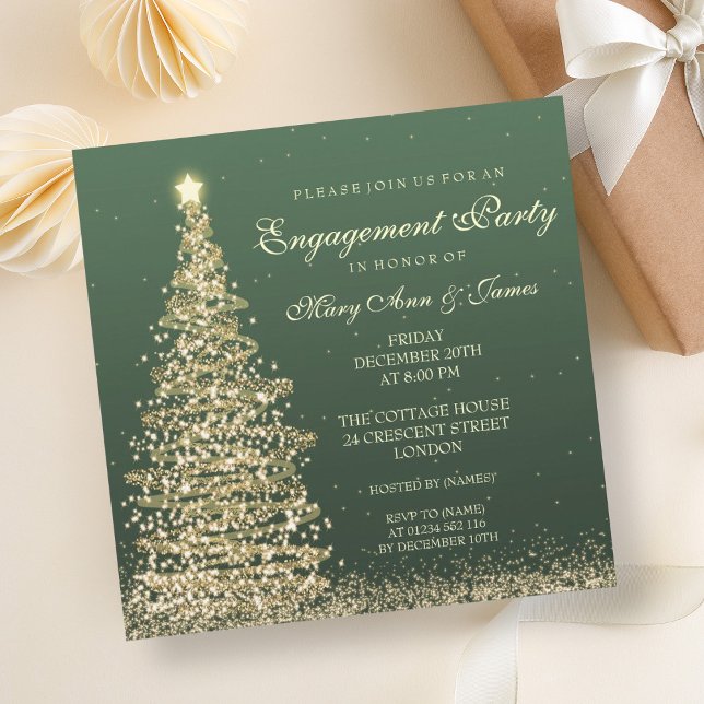 Elegant Christmas Engagement Party Green Gold Invitation (Elegant Christmas Engagement Party Green Gold Invitation)