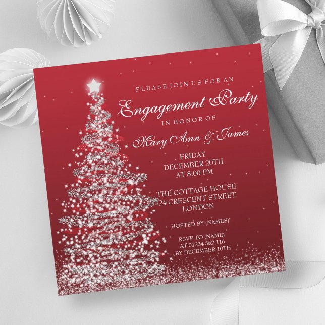Elegant Christmas Engagement Party Red Silver Invitation (Elegant Christmas Engagement Party Red Silver Invitation)