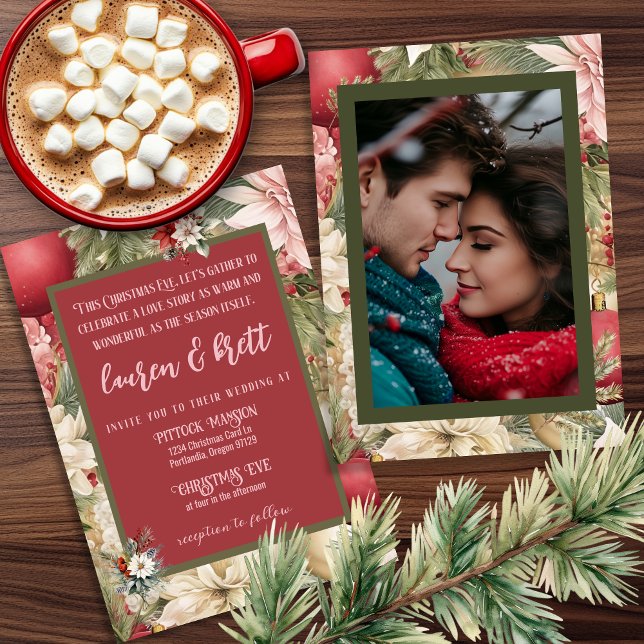 Elegant Christmas Eve Romantic Photo Wedding Invitation (Elegant Christmas Eve wedding invitation with photo
)