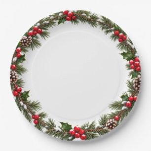 Elegant Christmas Evergreen Wreath Red Berries Paper Plate