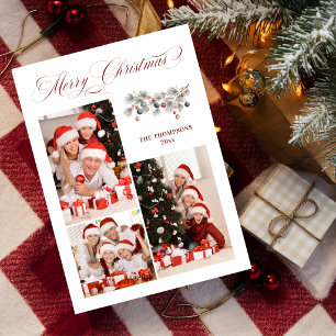 Elegant Christmas Family Photo Collage Botanical Holiday Card